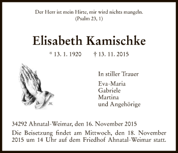 Todesanzeige von Elisabeth Kamischke von HNA
