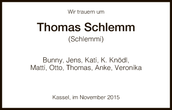 Todesanzeige von Thomas Schlemm von HNA