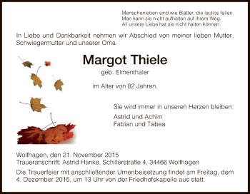 Todesanzeige von Margot Thiele von HNA