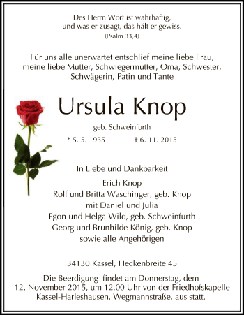 Todesanzeige von Ursula Knop von HNA