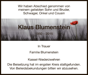Todesanzeige von Klaus Blumenstein von HNA
