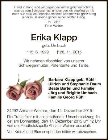 Todesanzeige von Erika Klapp von HNA