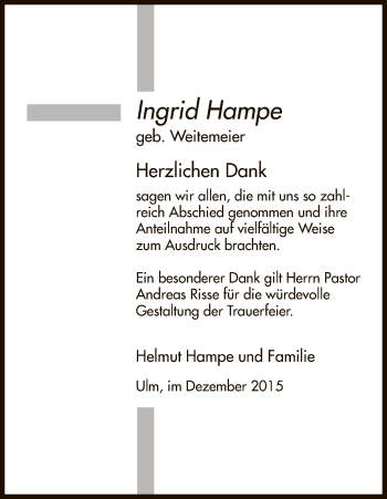Todesanzeige von Ingrid Hampe von HNA