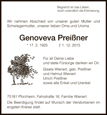 Todesanzeige von Genoveva Preißner von HNA