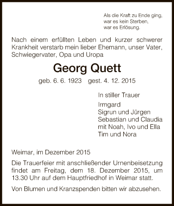 Todesanzeige von Georg Quett von HNA