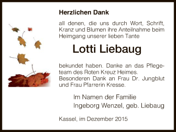 Todesanzeige von Lotti Liebaug von HNA