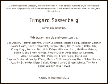 Todesanzeige von Irmgard Sassenberg von HNA