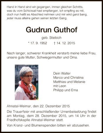 Todesanzeige von Gudrun Guthof von HNA