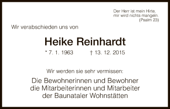 Todesanzeige von Heike Reinhardt von HNA