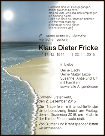 Todesanzeige von Klaus Dieter Fricke von HNA
