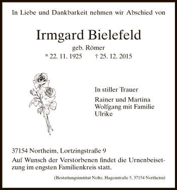Todesanzeige von Irmgard Bielefeld von HNA