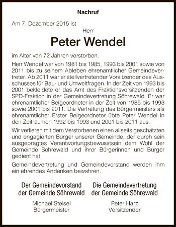 Todesanzeige von Peter Wendel von HNA
