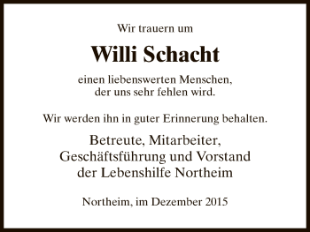 Todesanzeige von Willi Schacht von HNA
