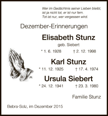 Todesanzeige von Elisabeth Stunz von HNA