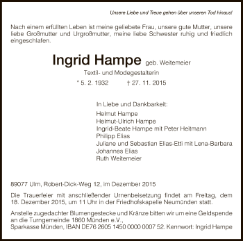 Todesanzeige von Ingrid Hampe von HNA