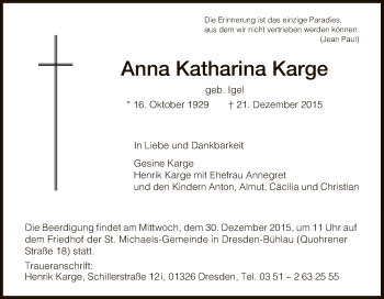 Todesanzeige von Anna Katharina Karge von HNA
