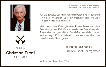 Todesanzeige von Christian Riedl von HNA