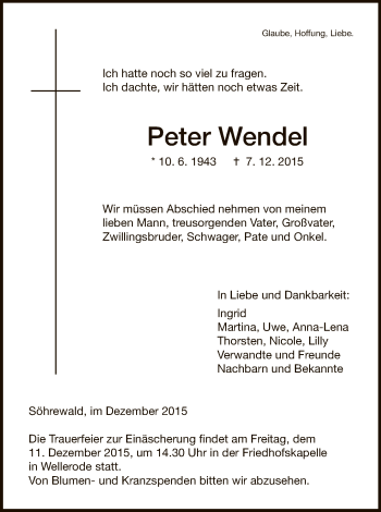 Todesanzeige von Peter Wendel von HNA