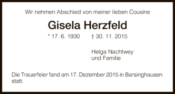 Todesanzeige von Gisela Herzfeld von HNA