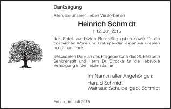 Todesanzeige von Heinrich Schmidt von HNA