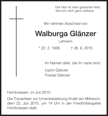 Todesanzeige von Walburga Glänzer von HNA