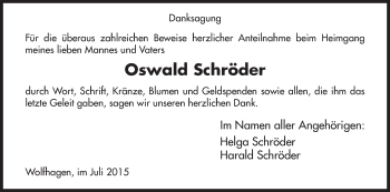 Todesanzeige von Oswald Schröder von HNA