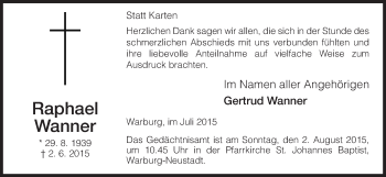 Todesanzeige von Raphael Wanner von HNA