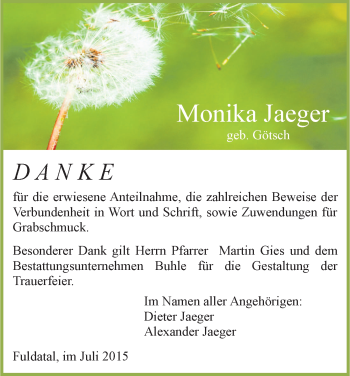 Todesanzeige von Monika Jaeger von HNA