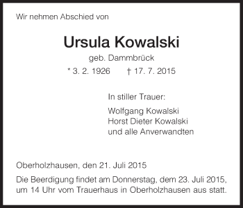 Todesanzeige von Ursula Kowalski von HNA