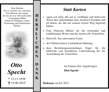 Todesanzeige von Otto Specht von HNA