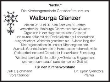 Todesanzeige von Walburga Glänzer von HNA