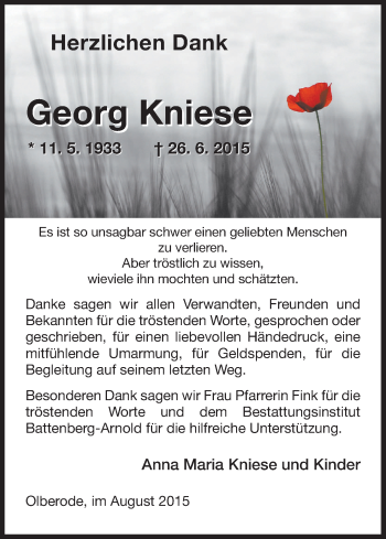Todesanzeige von Georg Kniese von HNA