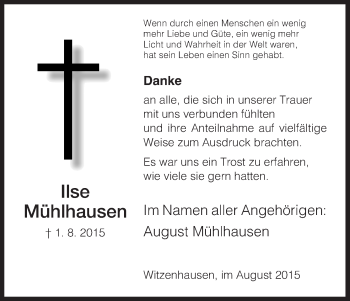 Todesanzeige von Ilse Mühlhausen von HNA