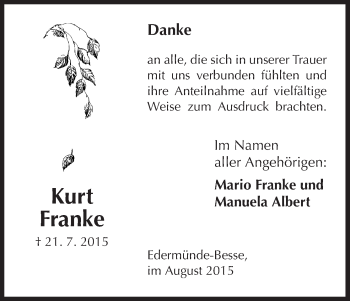 Todesanzeige von Kurt Franke von HNA