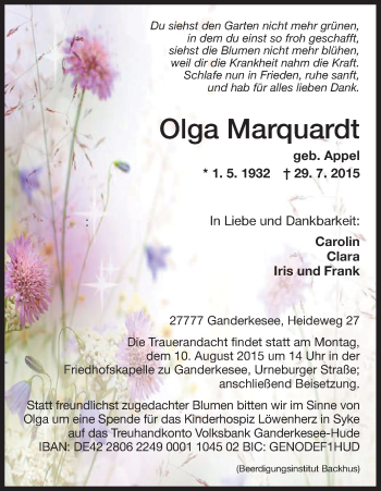 Todesanzeige von Olga Marquardt von HNA