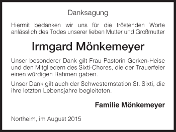 Todesanzeige von Irmgard Mönkemeyer von HNA