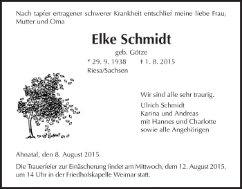 Todesanzeige von Elke Schmidt von HNA