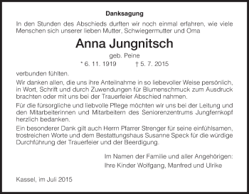Todesanzeige von Anna Jungnitsch von HNA