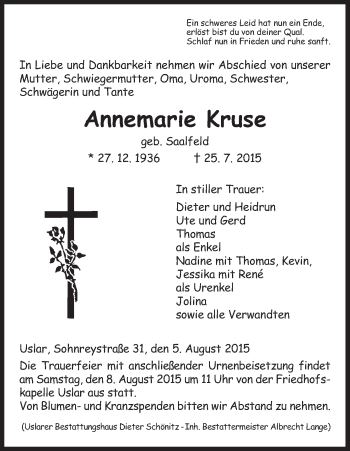 Todesanzeige von Annemarie Kruse von HNA