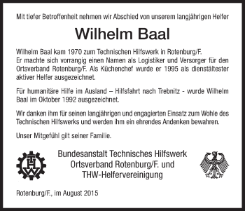 Todesanzeige von Wilhelm Baal von HNA