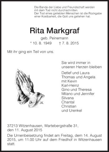 Todesanzeige von Rita Markgraf von HNA