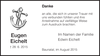 Todesanzeige von Eugen Eichelt von HNA