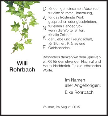 Todesanzeige von Willi Rohrbach von HNA