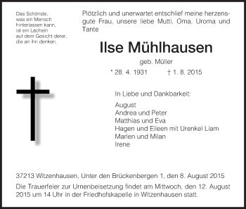 Todesanzeige von Ilse Mühlhausen von HNA