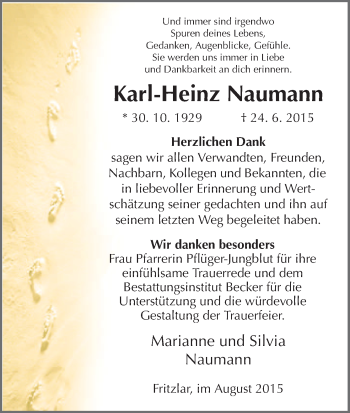 Todesanzeige von Karl-Heinz Naumann von HNA