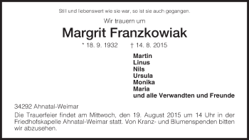 Todesanzeige von Margrit Franzkowiak von HNA