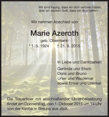 Todesanzeige von Marie Azeroth von HNA