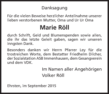 Todesanzeige von Marie Röll von HNA