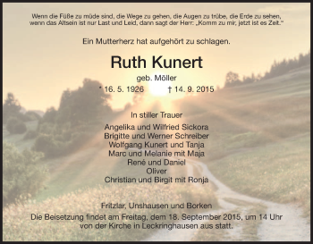 Todesanzeige von Ruth Kunert von HNA