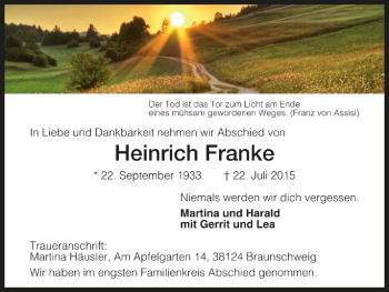 Todesanzeige von Heinrich Franke von HNA